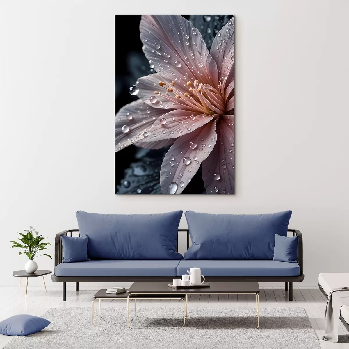 Paveikslėlis Rausvos gėlės su švelniais žiedlapiais, padengtais vandens lašeliais, stambiu planu tamsiame fone  s42237