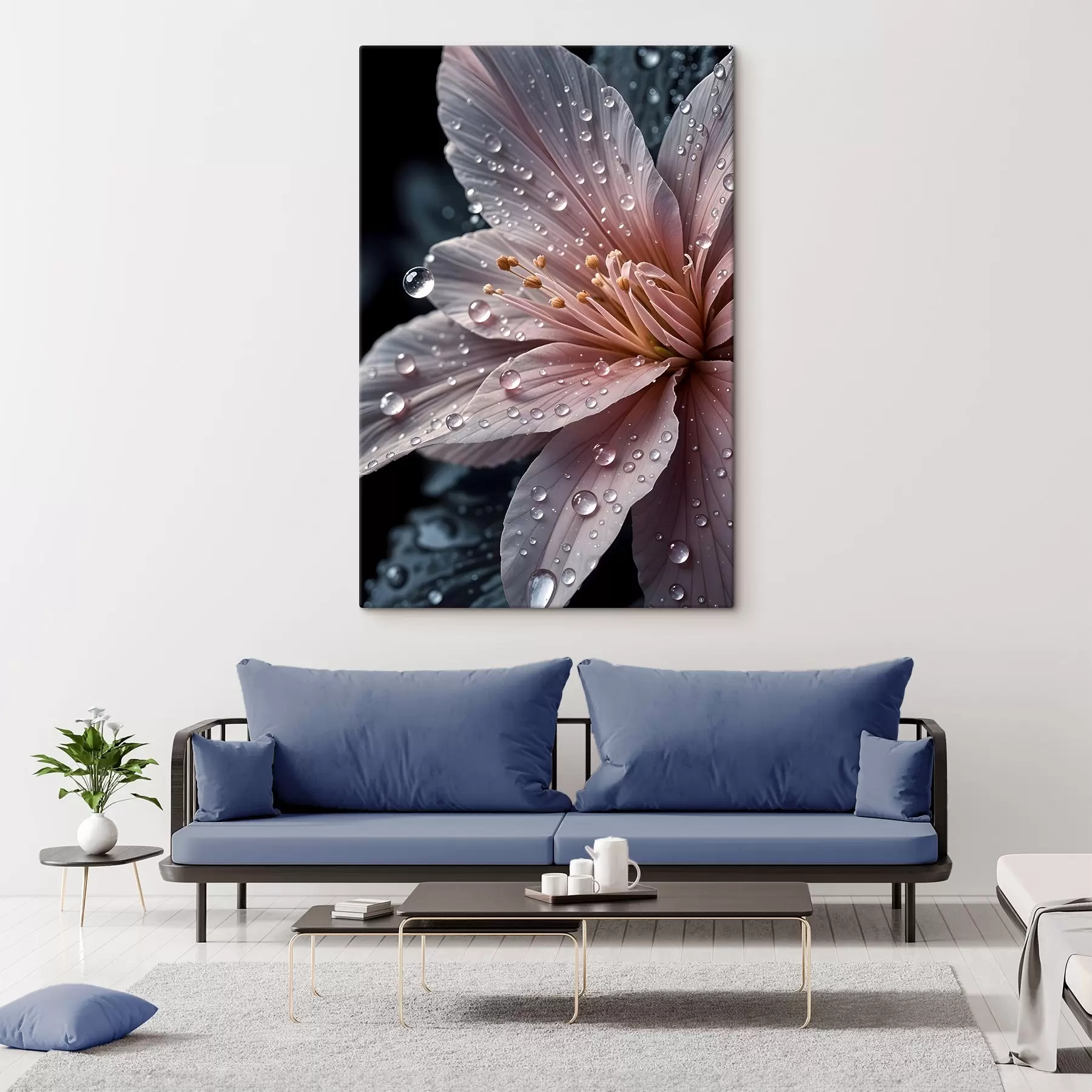 Fototapetai Rausvos gėlės su švelniais žiedlapiais, padengtais vandens lašeliais, stambiu planu tamsiame fone  s42237