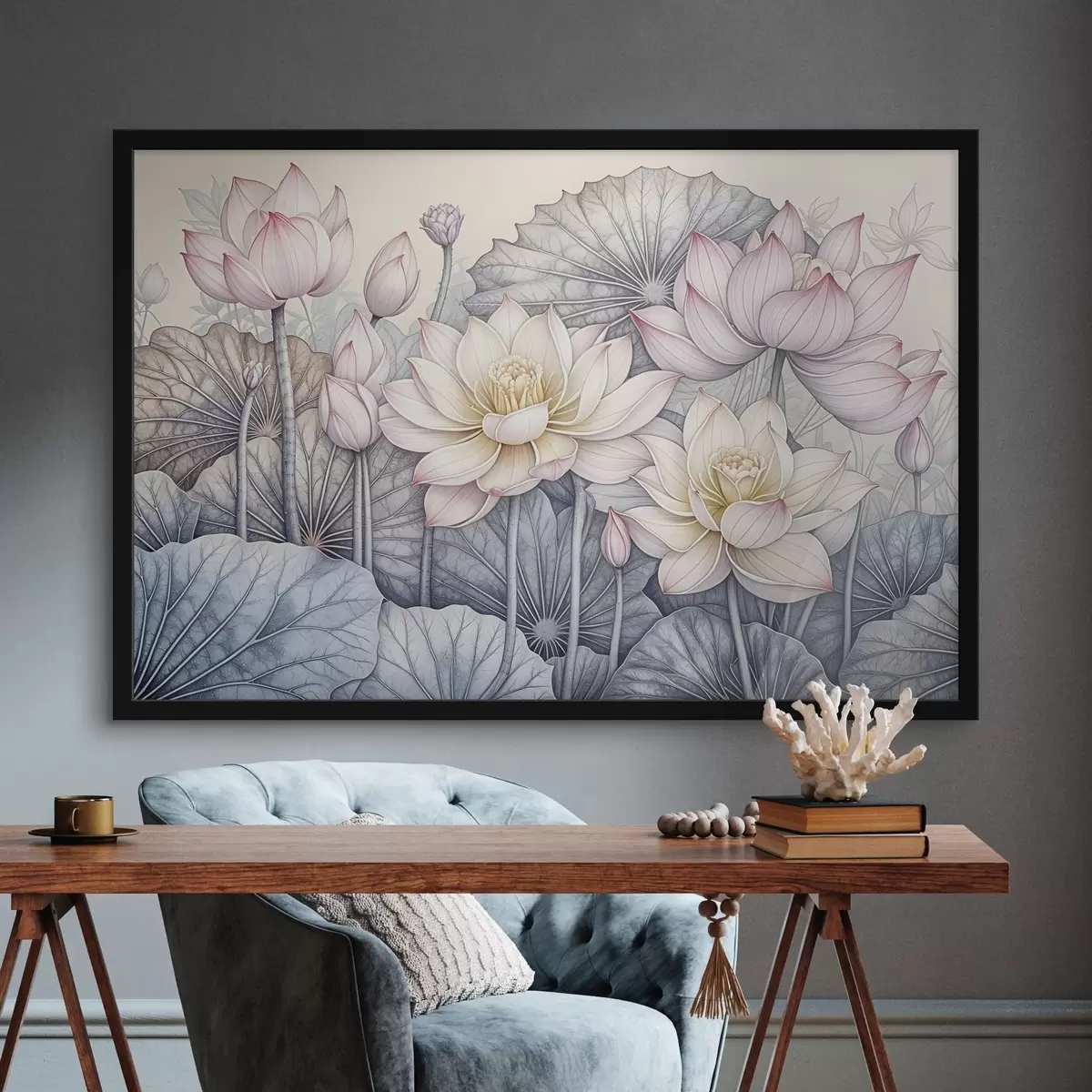 Plakatas Didelės rausvos ir baltos lotoso gėlės su žaliais lapais ir stiebais šviesiame fone su detaliais žiedlapiais ir centrais f42221