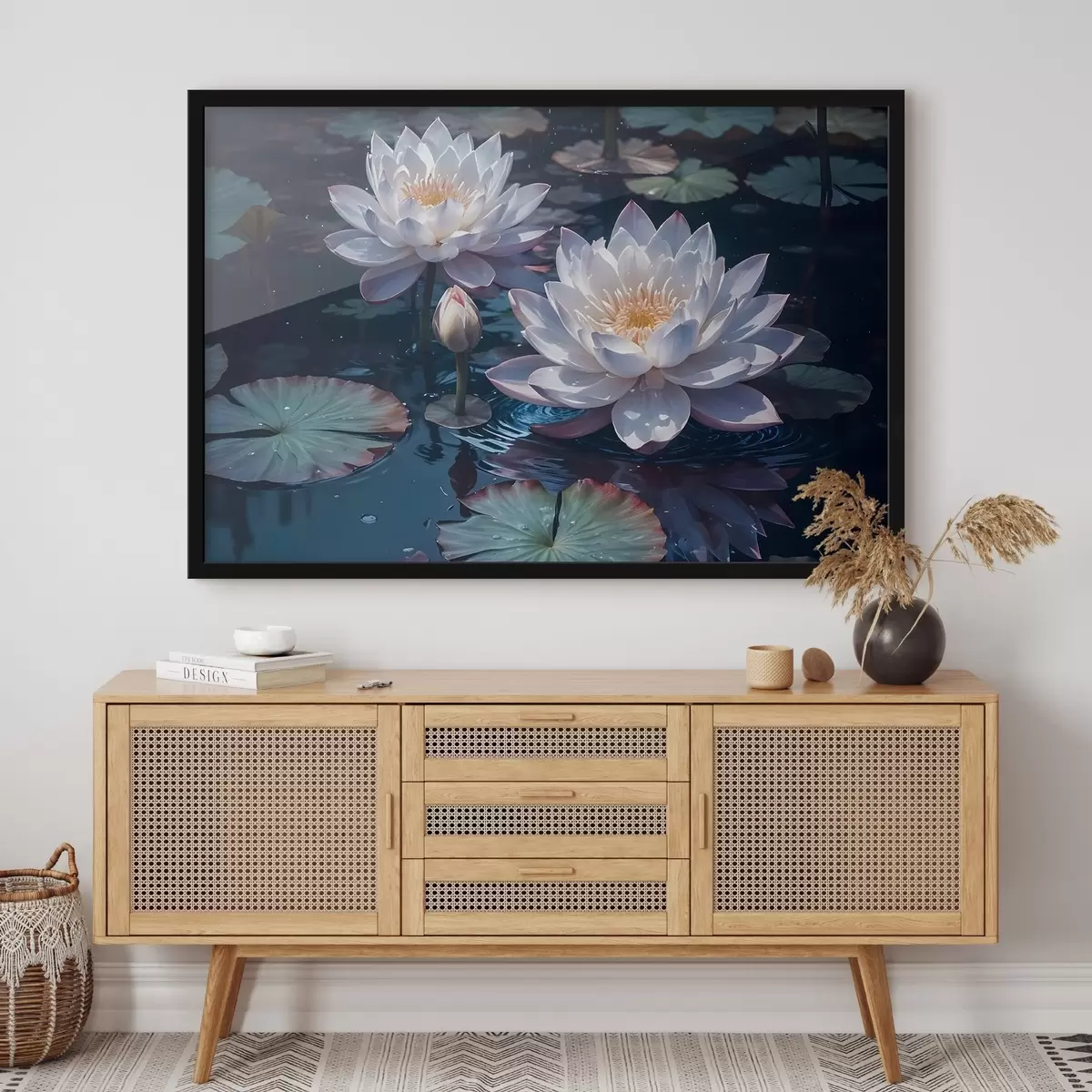 Plakatas Balti lotoso žiedai plūduriuoja ramiame tvenkinyje su lelijų pagalvėlėmis f42225