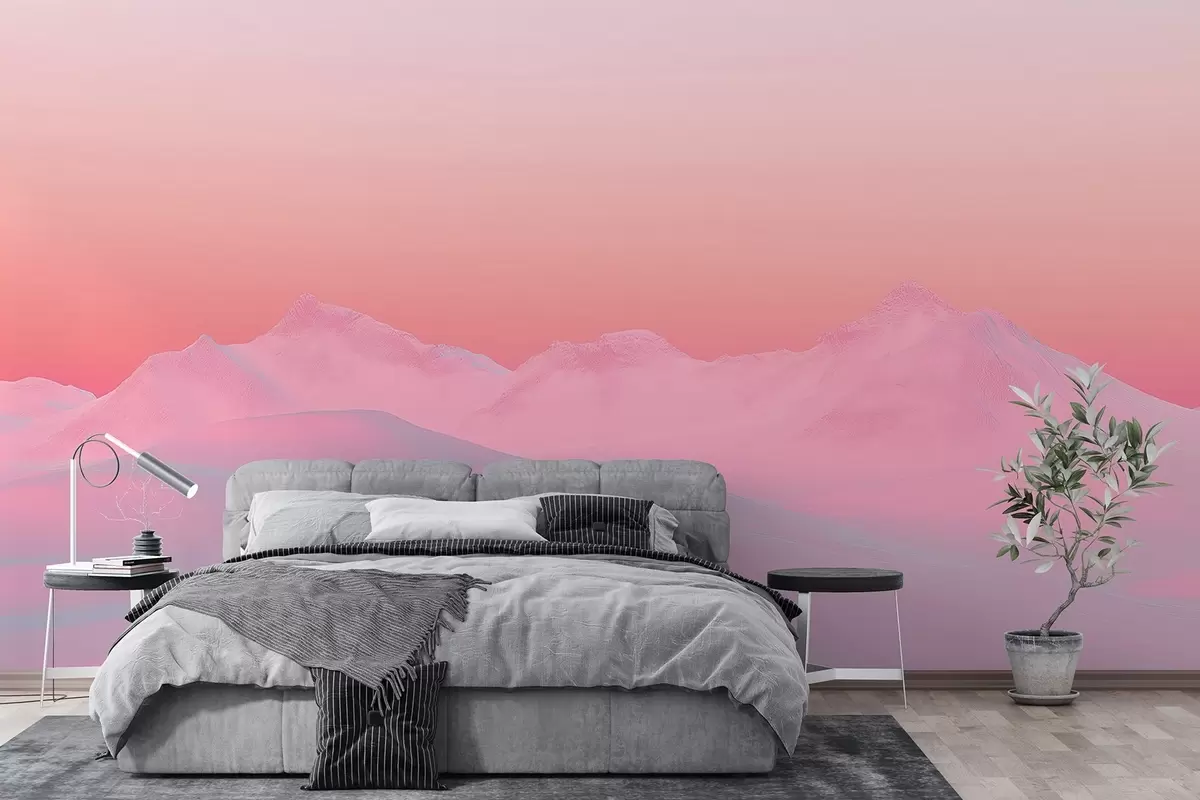 Fototapetai Švelnus avietinis saulėlydis kalnų ir dangaus fone w02234