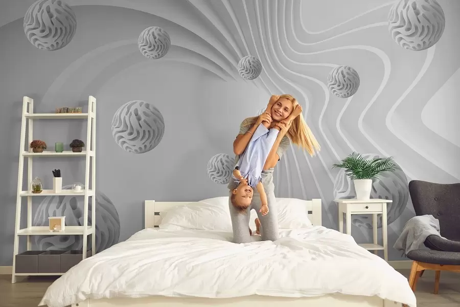 Fototapetai 3D pilka abstrakcija su sferomis ir gylio efektu w08553