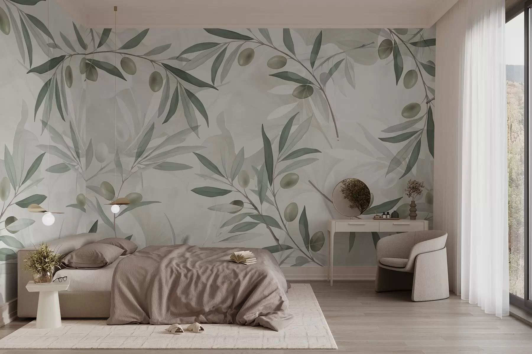 Fototapetai Alyvuogių šakelės su žaliais lapais ir alyvuogėmis šviesiame fone w08576