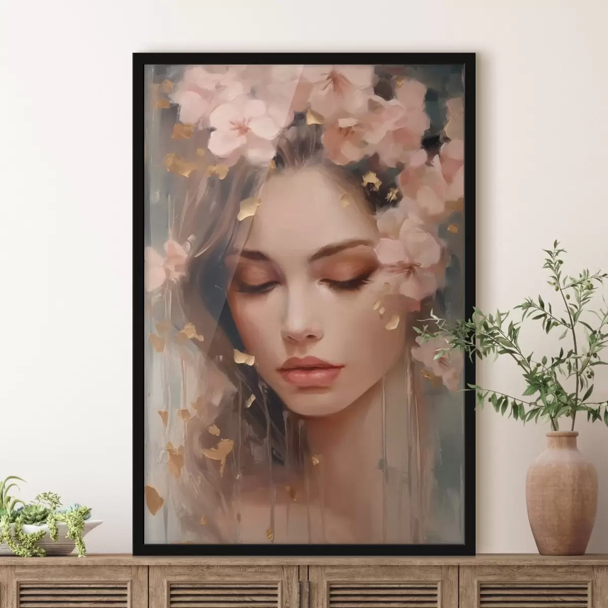 Plakatas Mergaitės veidas ir gėlės f42300