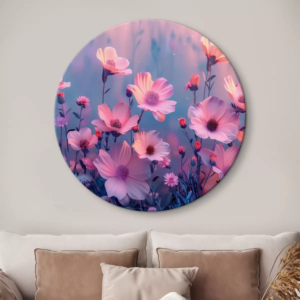 Apvalūs paveikslai Rožinių ir mėlynų atspalvių pasakų gėlės r40990 Apvalūs paveikslai Rožinių ir mėlynų atspalvių pasakų gėlės r40990