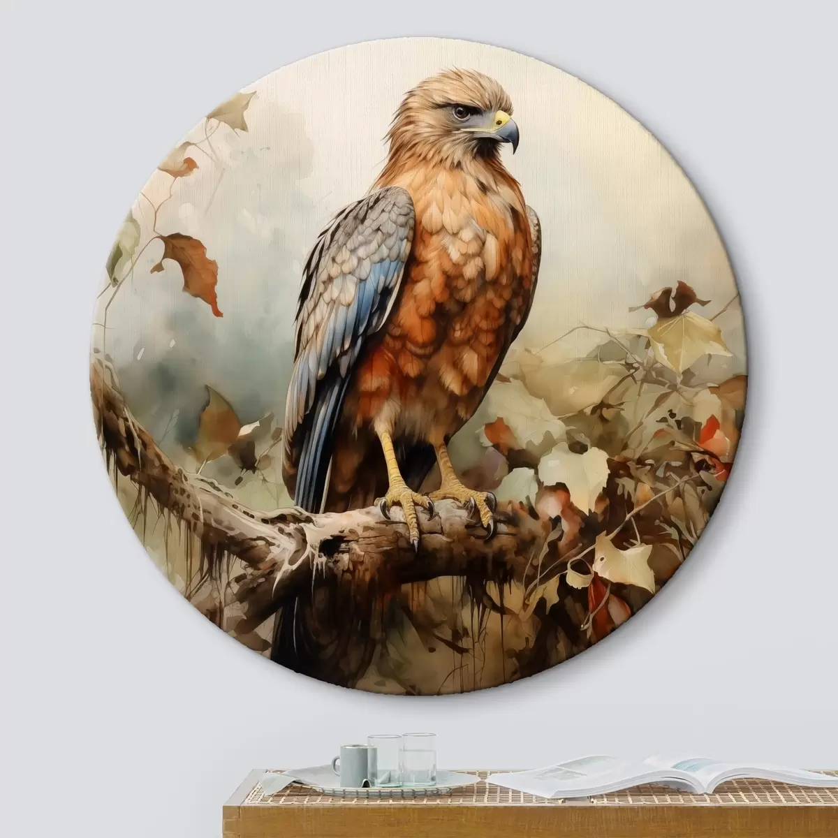 Apvalūs paveikslai Ant šakos sėdintis sakalas akvarelė r41021