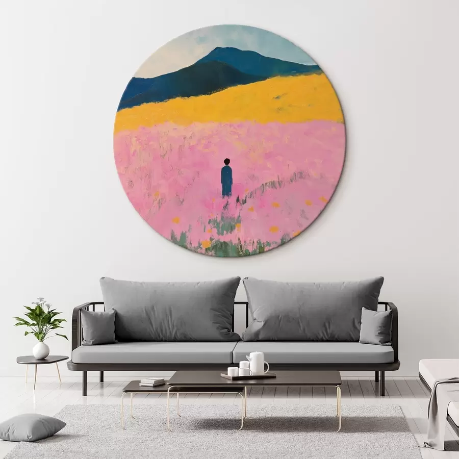 Fototapetai Vyras lauke su rožinėmis gėlėmis r41164