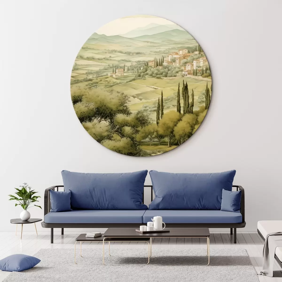 Apvalūs paveikslai Toskanos peizažai, akvarelė, boho stilius r41220
