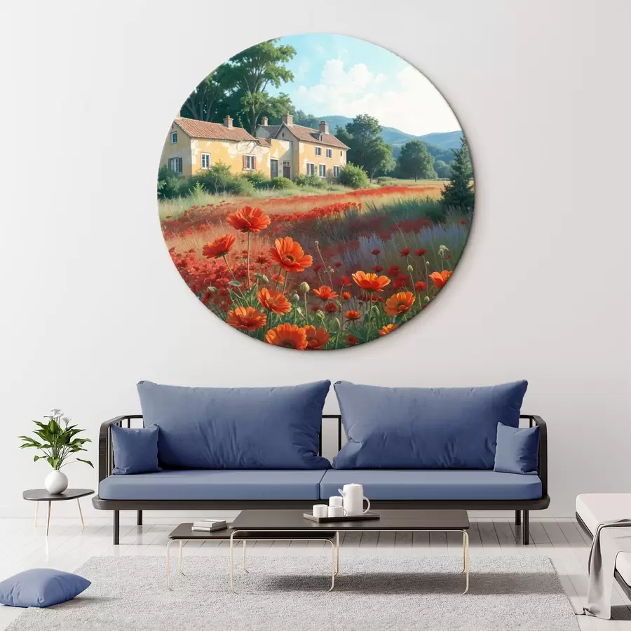 Paveikslėlis Ryškiai raudonų aguonų laukas pirmame plane, o fone - žavių geltonų ir baltų namų eilė r41260