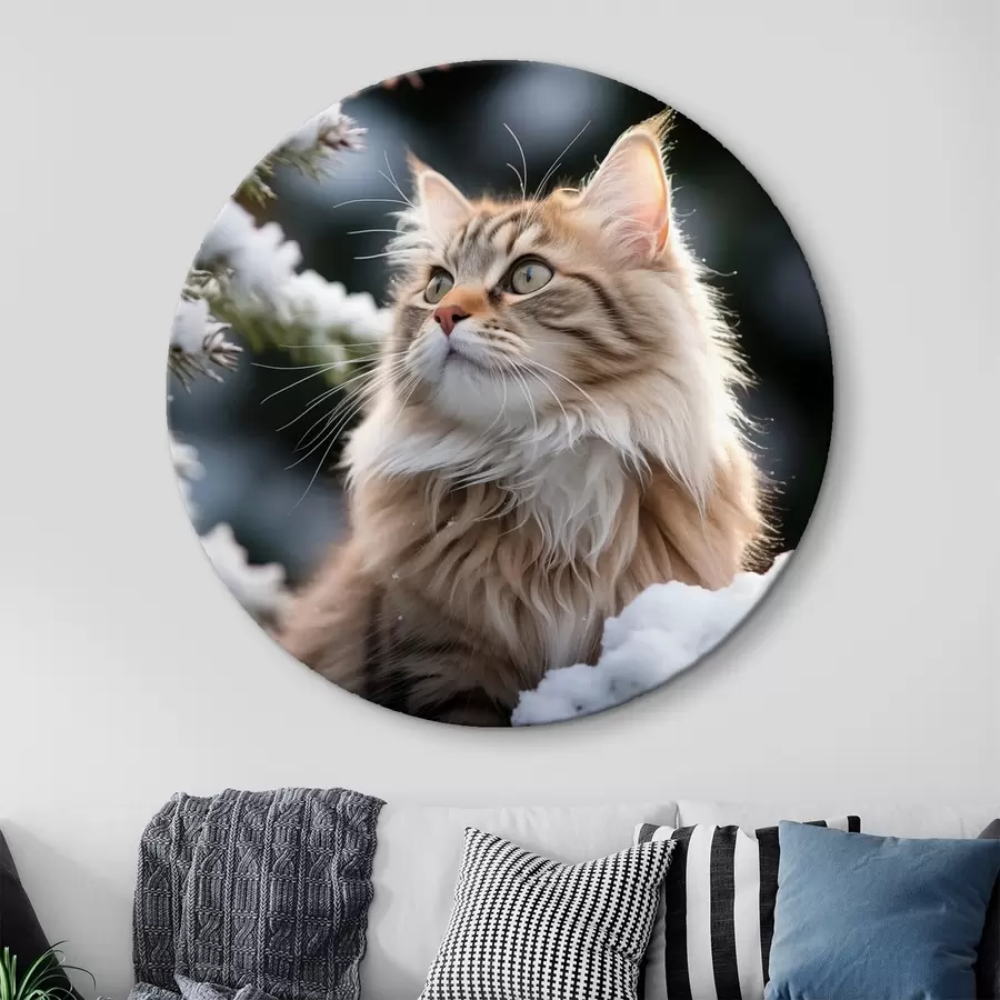 Paveikslėlis Tamsiame fone šalia sniego sėdi pūkuotas imbierinis katinas r41435