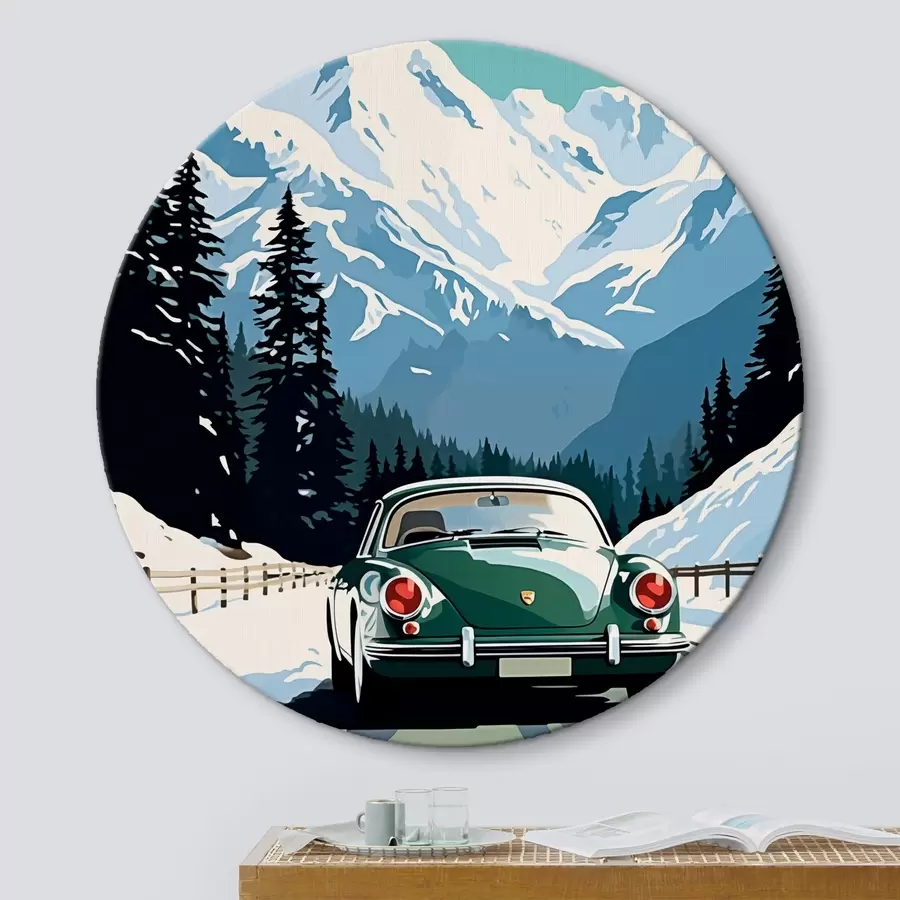 Paveikslėlis Retro automobilis žiemos kalnų kelyje r41478