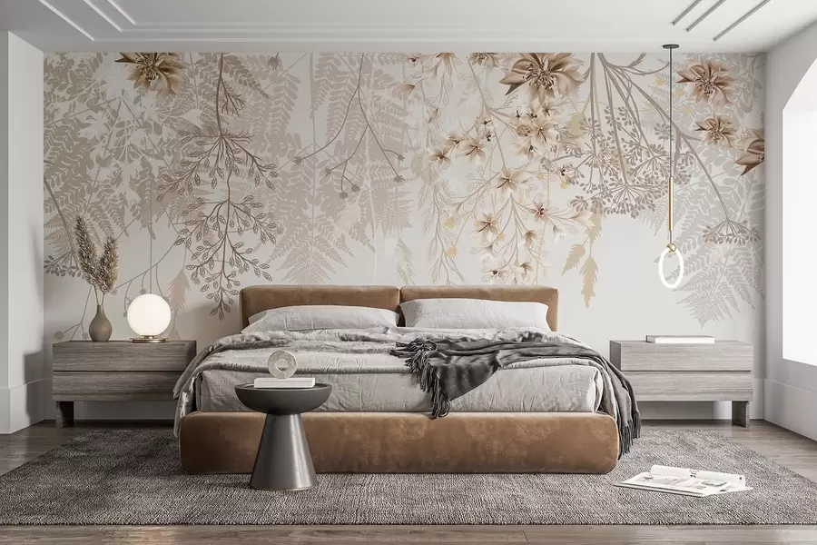 Fototapetai Švelnios gėlių šakelės ir žolė su baltomis, pilkomis ir smėlio spalvos gėlėmis, krintančiomis kaskadomis šviesiame fone w08598