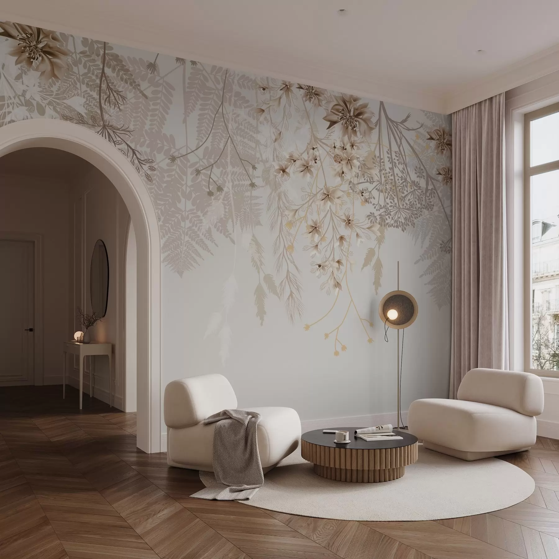 Fototapetai Švelnios gėlių šakelės ir žolė su baltomis, pilkomis ir smėlio spalvos gėlėmis, krintančiomis kaskadomis šviesiame fone w08598