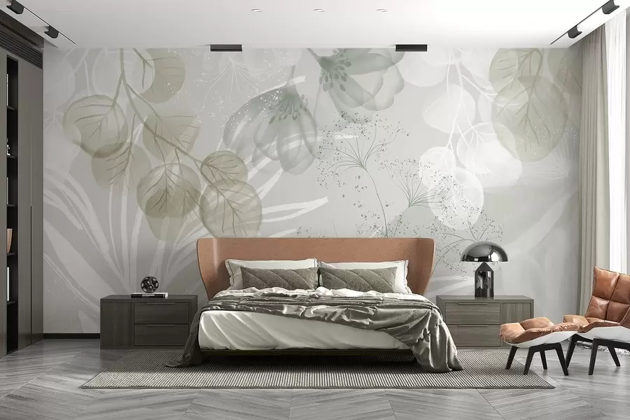 Fototapetai Žalių ir baltų atspalvių gėlių eukaliptų elementai su minimalistinio stiliaus persidengiančiais lapais ir žiedlapiais w08599v1