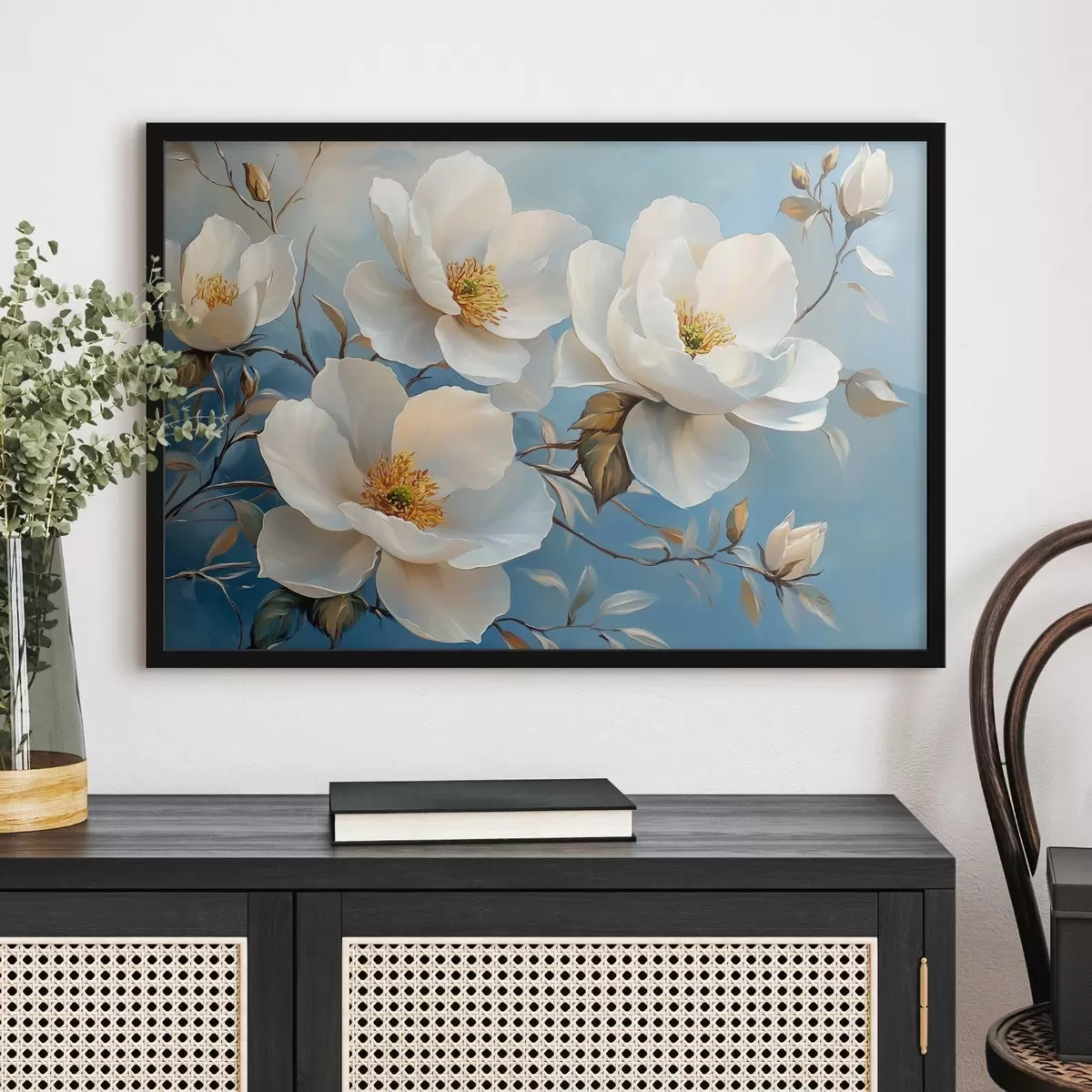 Plakatas Didelės baltos gėlės mėlyname fone f42321