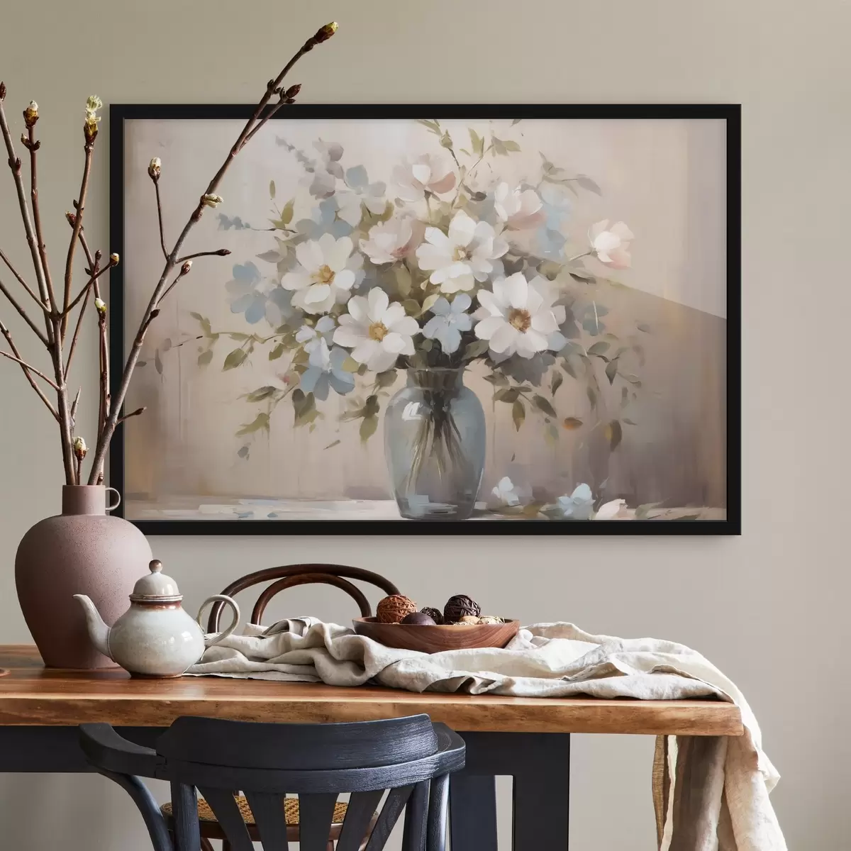 Plakatas Gėlių ir šakelių puokštė vazoje, imituojanti paveikslą f42356