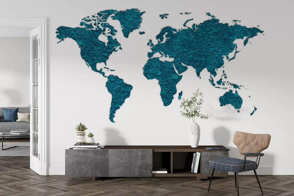 Fototapetai Pasaulio žemėlapis su samanomis, gamta, mėlyna spalvų paletė  w02657v1