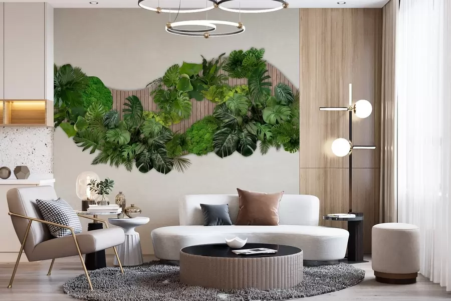 Fototapetai Gėlių skydelis su palmių lapais, samanomis ir mediniu fonu w02717