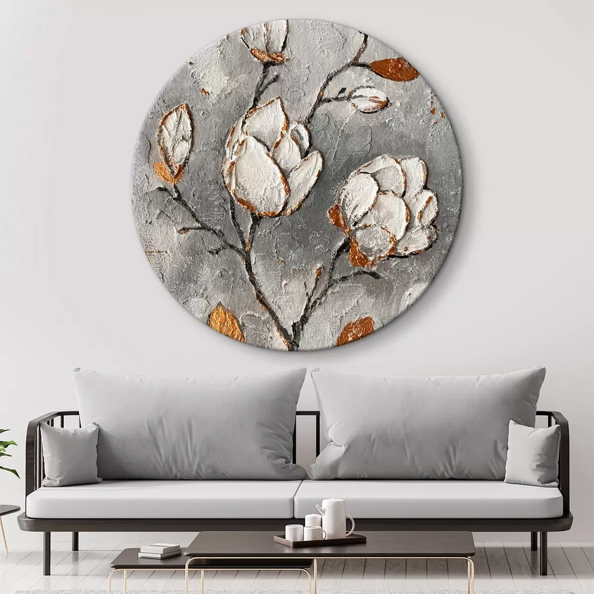 Apvalūs paveikslai Magnolijos gėlės, tapyba teptuku su auksinėmis detalėmis r32513