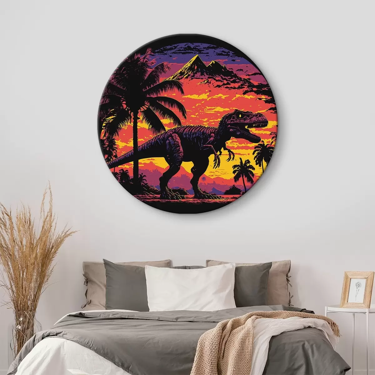 Apvalūs paveikslai Dinozauras saulėlydyje tarp palmių r33894