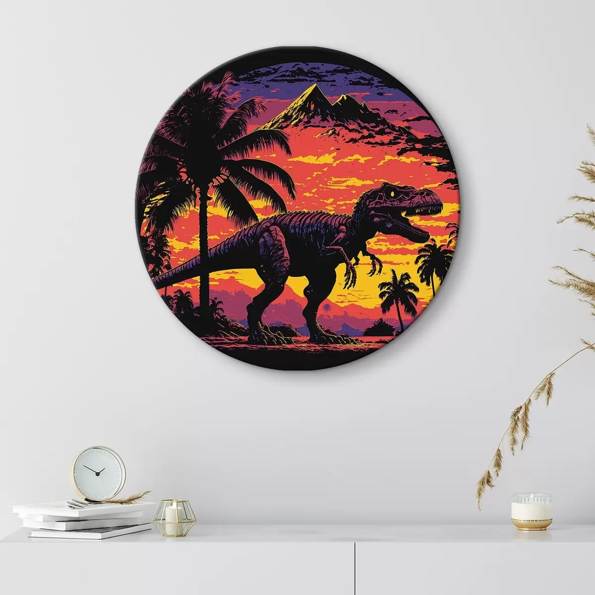 Apvalūs paveikslai Dinozauras saulėlydyje tarp palmių r33894