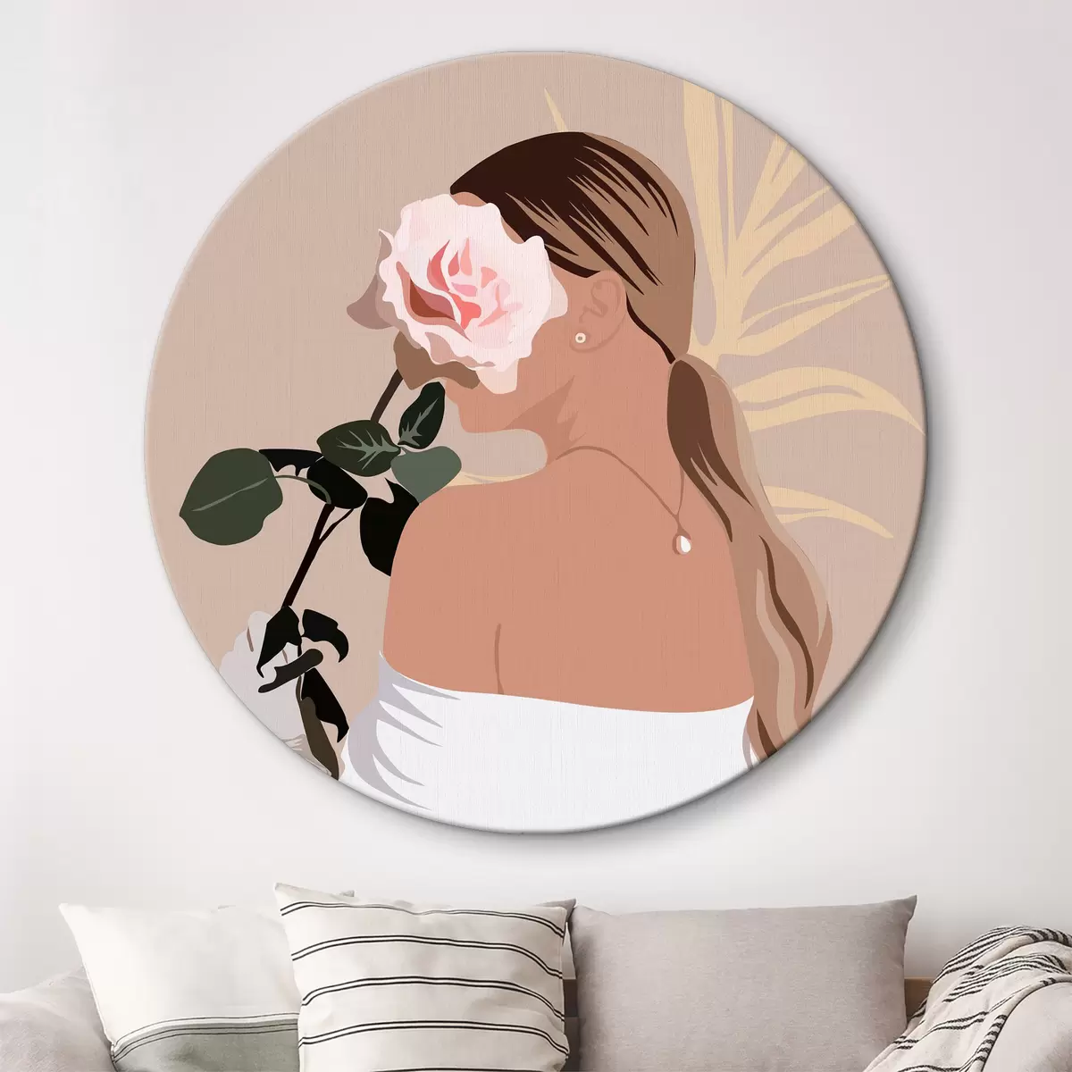 Apvalūs paveikslai Mergaitė su rožine rože abstraktus boho stiliaus r36366