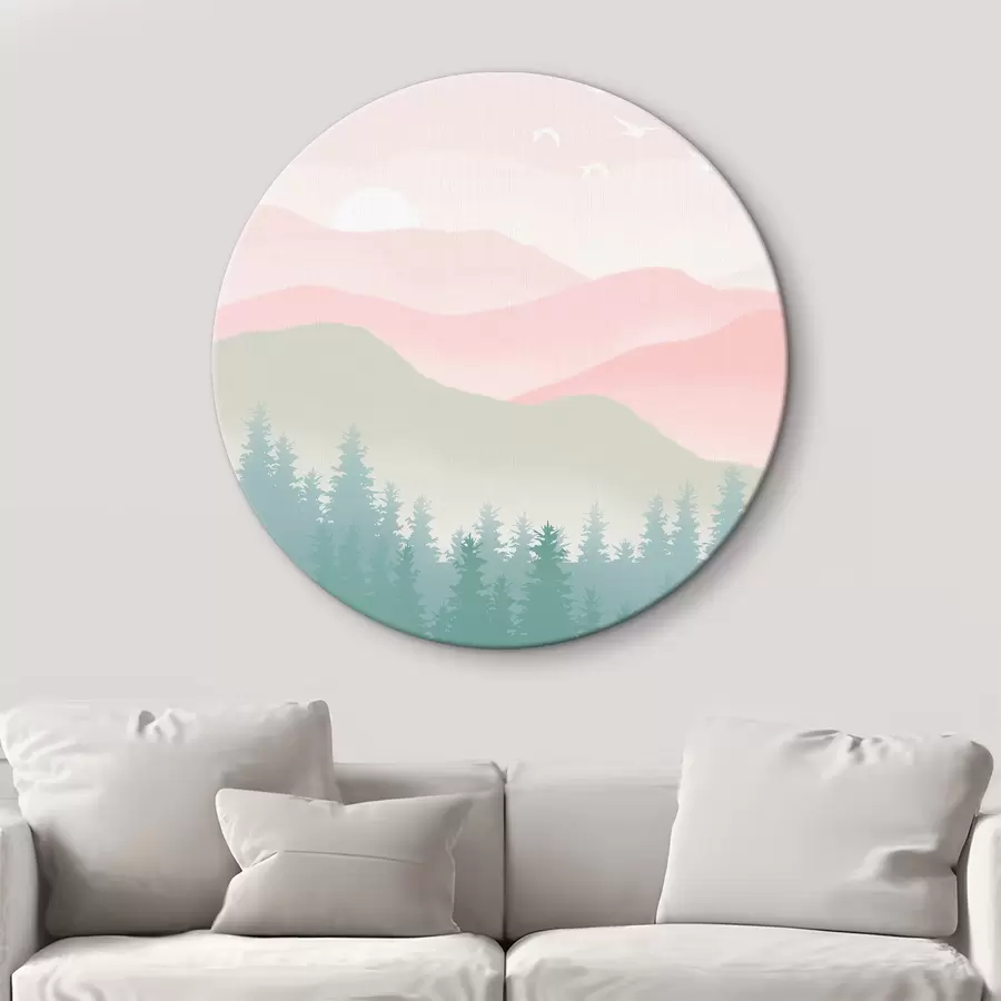 Paveikslėlis Migloti kalnai su pušynu, švelnios natūralios spalvos, rožinė ir žalia r36394