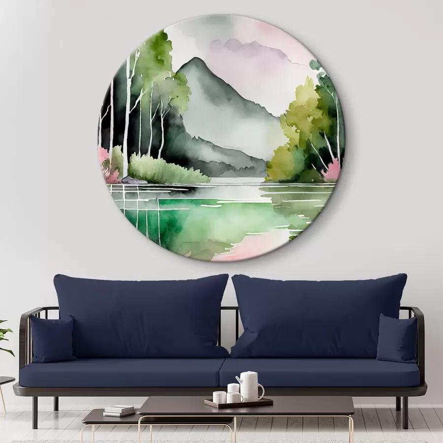 Paveikslėlis Akvarelė gamtos peizažas, ežeras ir miškas, švelnios žalios, rausvos ir pilkos spalvos r36507