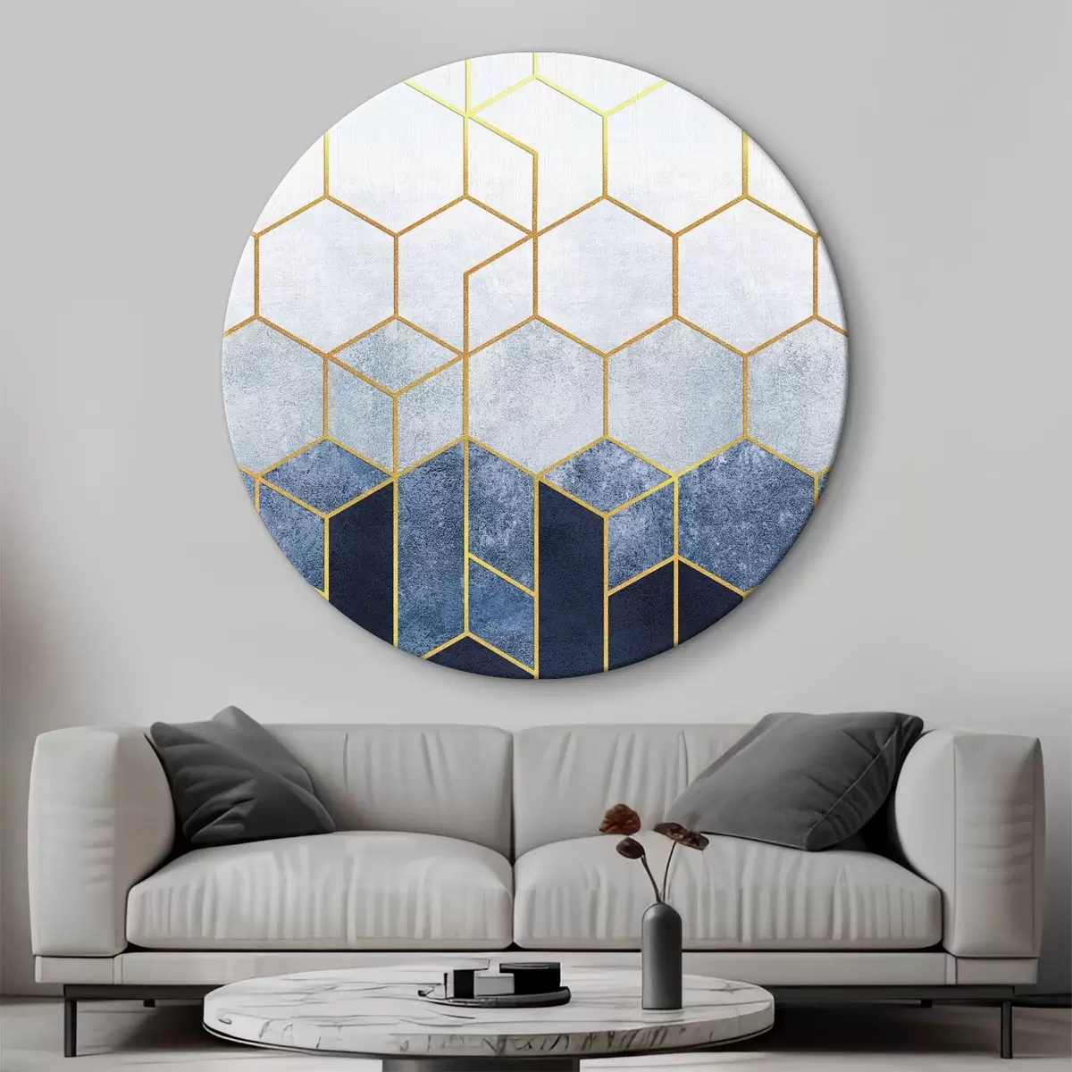 Apvalūs paveikslai Elegantiškas mėlynos ir baltos spalvos geometrinis raštas r36601