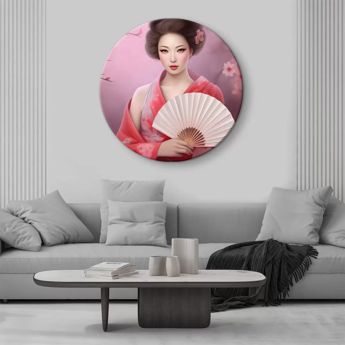 Apvalūs paveikslai Kimono vilkinti moteris, laikanti vėduoklę r36804