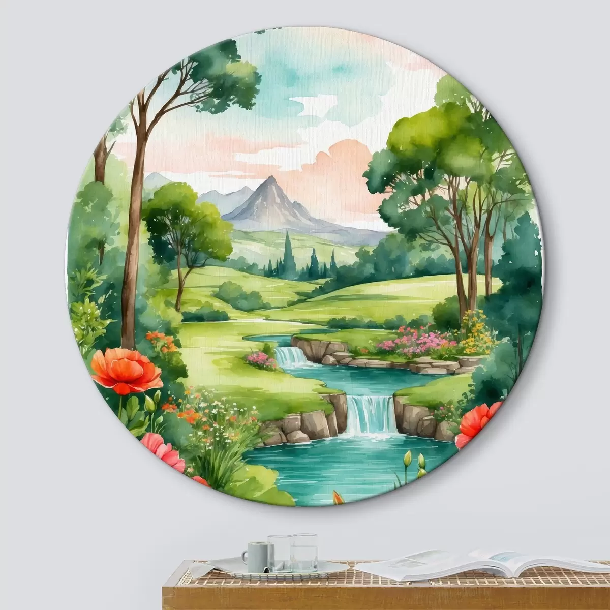 Apvalūs paveikslai Akvarelė, vaizduojanti upę ir gėles r37116 Apvalūs paveikslai Akvarelė, vaizduojanti upę ir gėles r37116