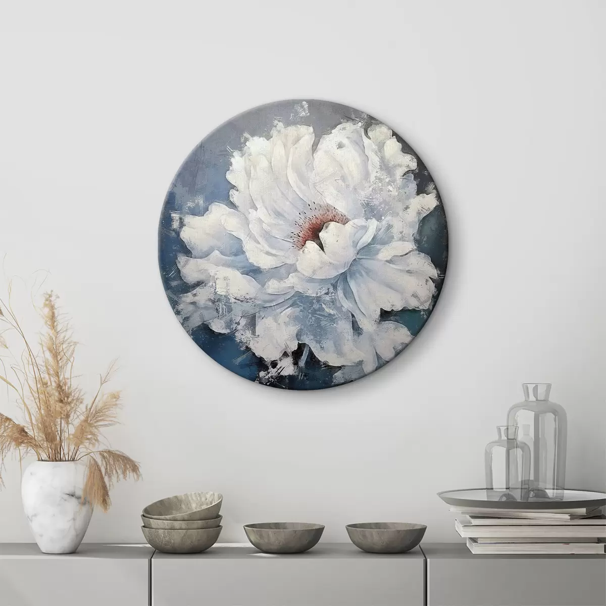 Apvalūs paveikslai Balta gėlė mėlyname fone r37262