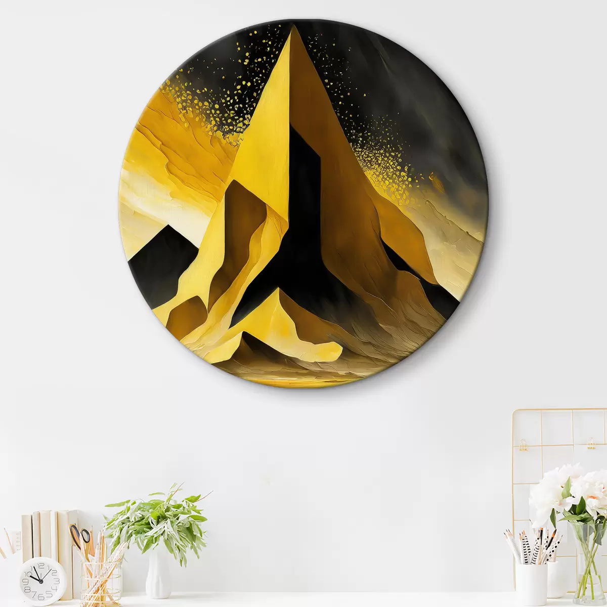 Apvalūs paveikslai Auksinis geometrinis menas, kosmoso abstrakcija, futuristinis, dykuma su uolomis r37365