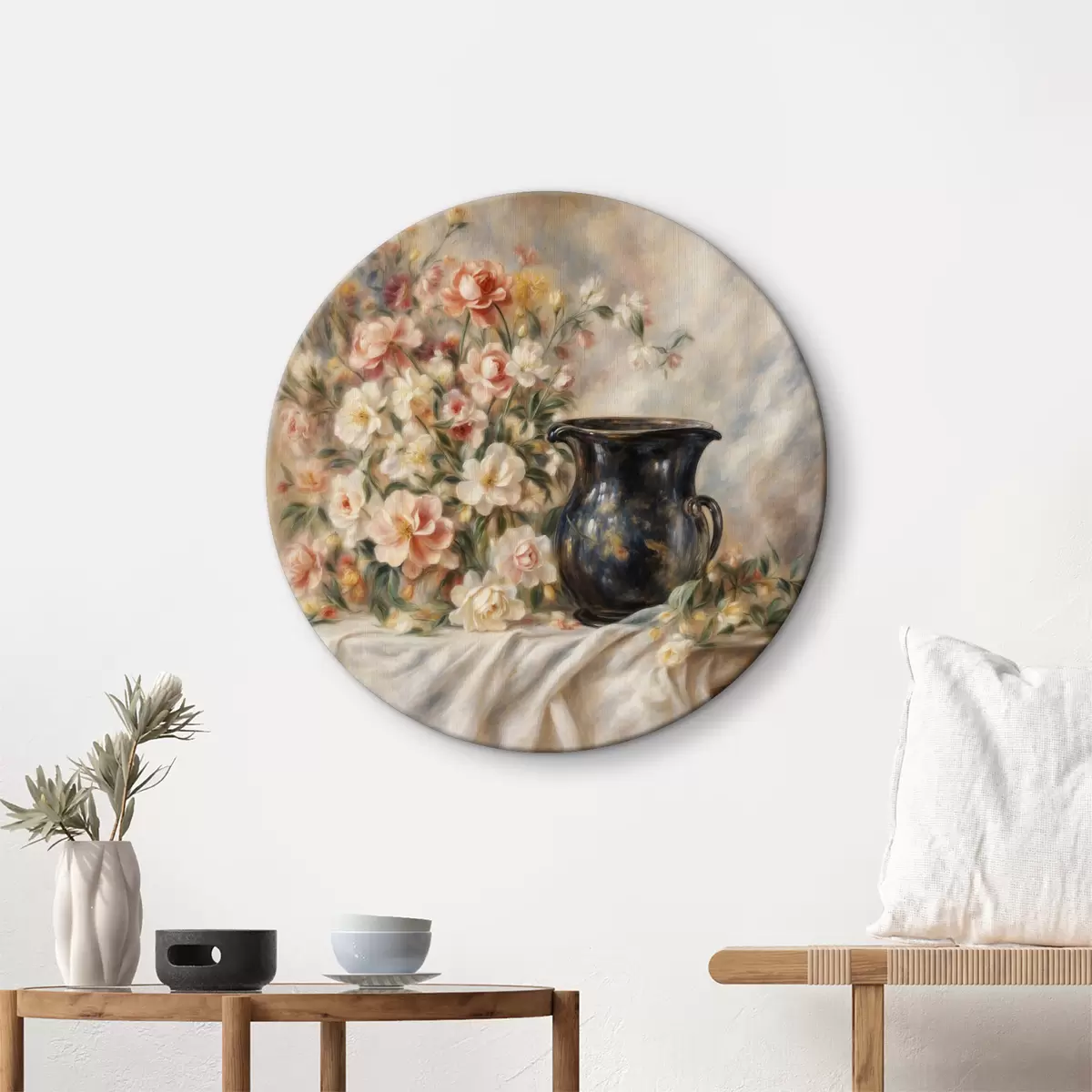 Apvalūs paveikslai Vasaros puokštė ir ąsotis Auguste'o Renoiro stiliumi r37437