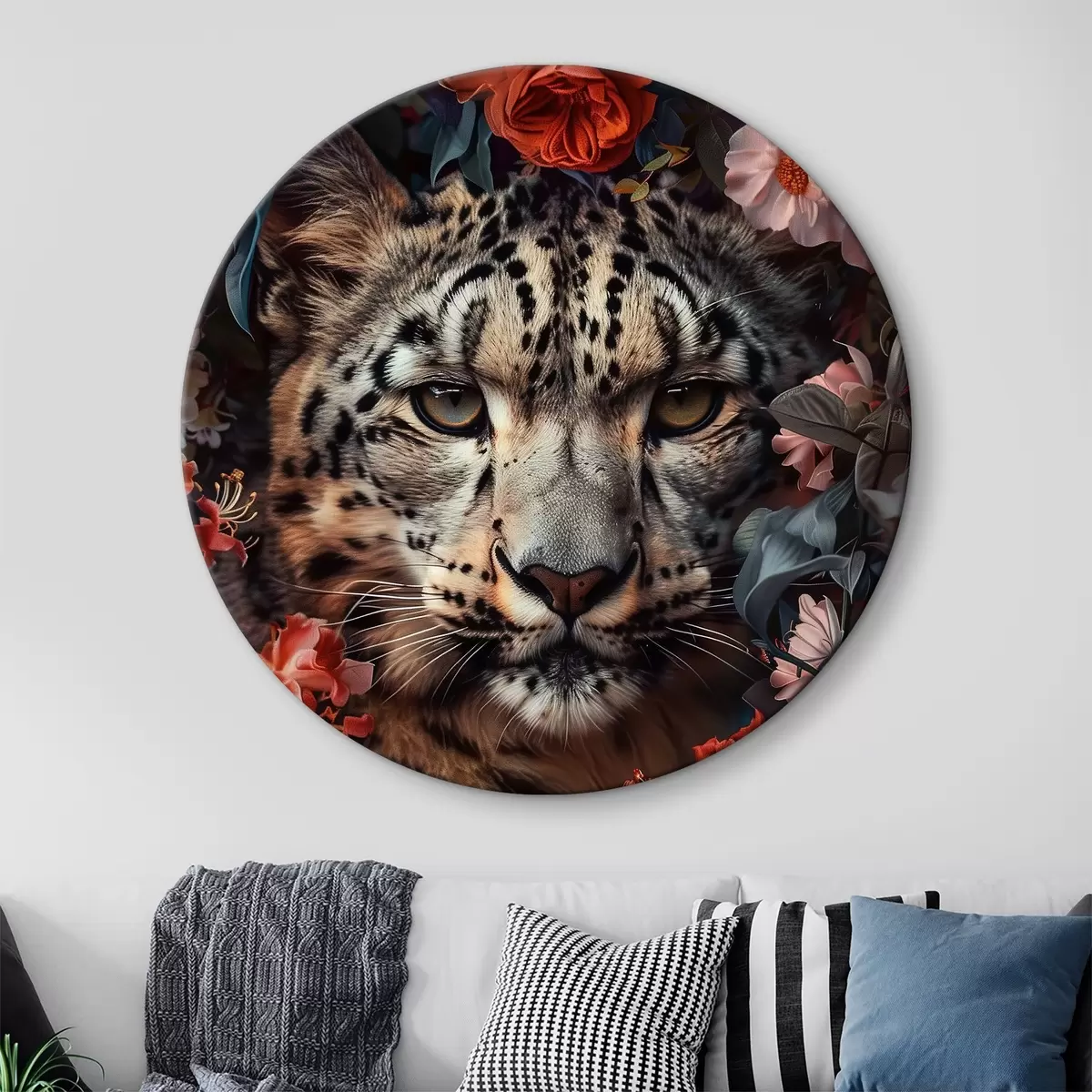 Apvalūs paveikslai Leopardas gėlyne r37464 Apvalūs paveikslai Leopardas gėlyne r37464