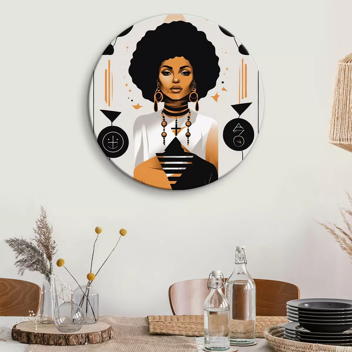 Apvalūs paveikslai Moteris su dideliu afro, baltais marškinėliais ir auskarais r37793