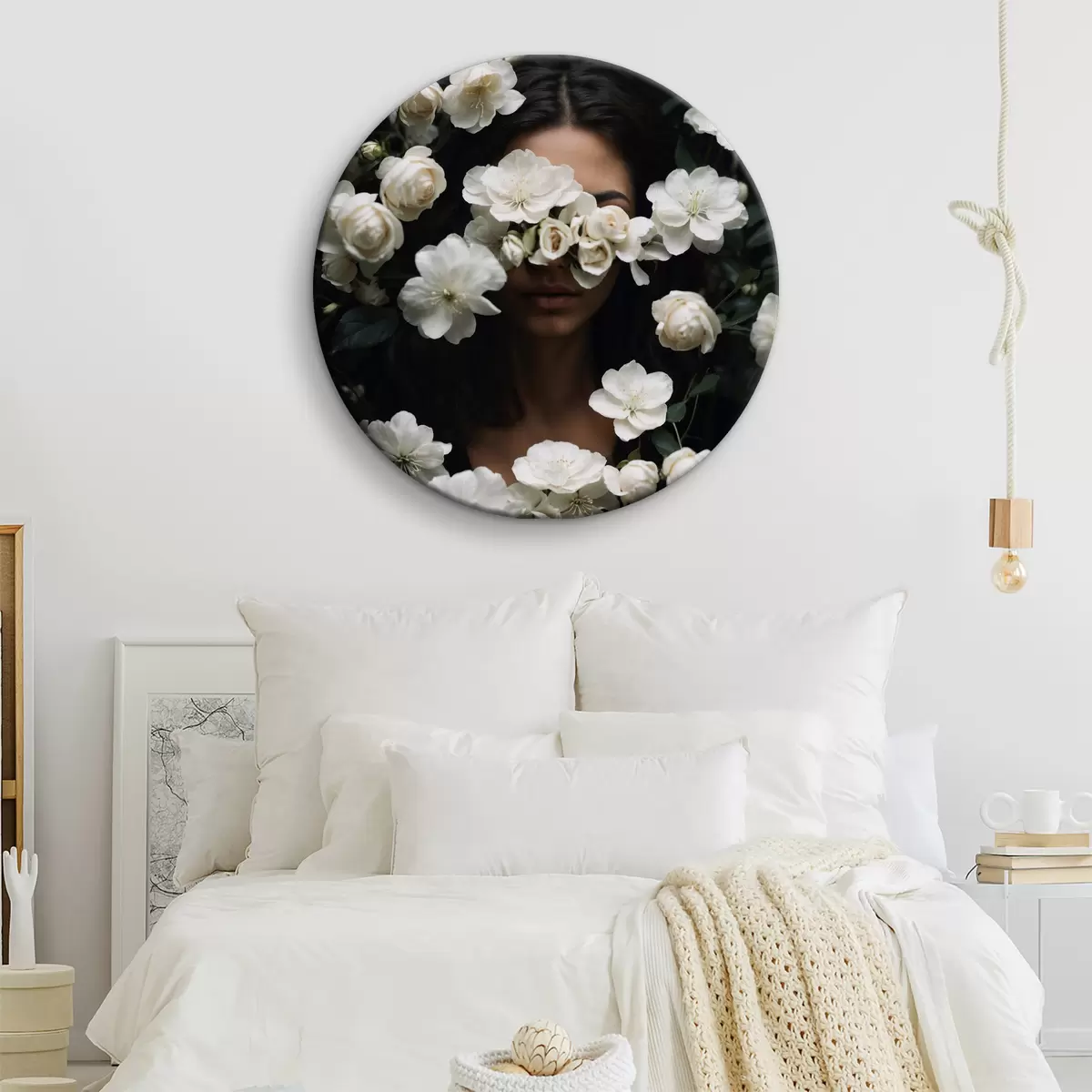 Apvalūs paveikslai Moteris, slepianti veidą po baltomis gėlėmis r38194