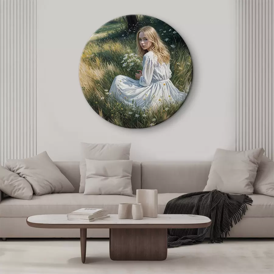 Paveikslėlis Mergaitė balta suknele sėdi gėlių lauke r38196