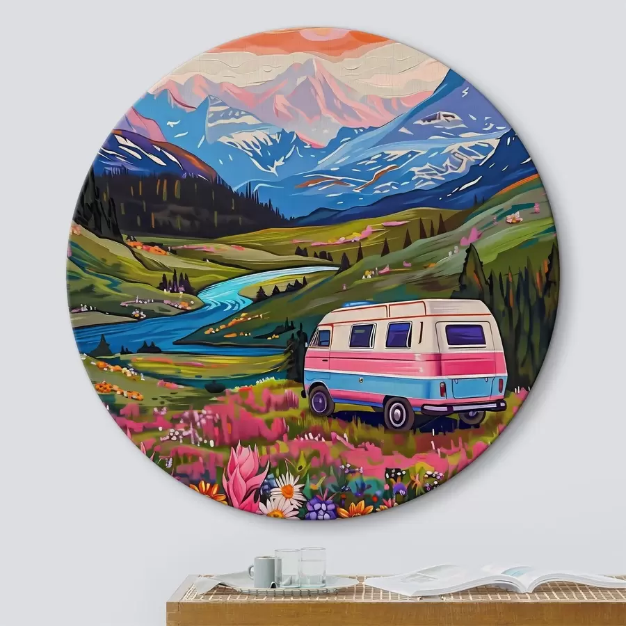 Paveikslėlis Furgonas, važiuojantis per slėnį su gėlėmis ir kalnais r38259