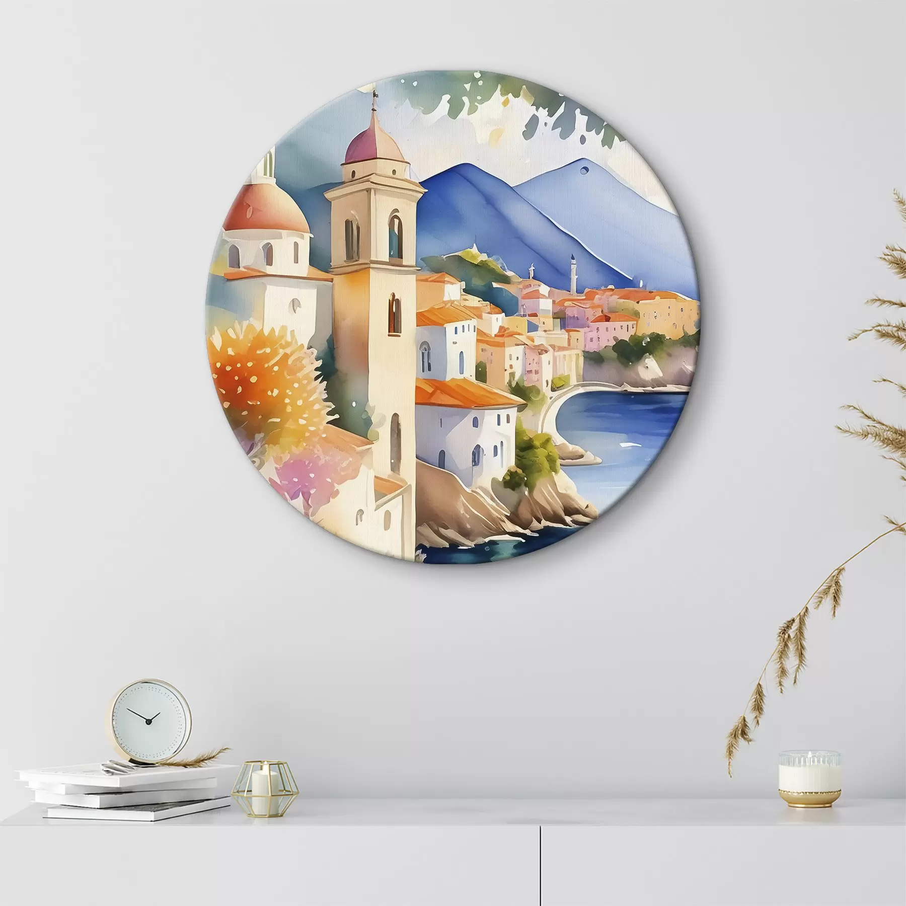 Paveikslėlis Akvarelė, vaizduojanti miestą ant vandens telkinio kranto r38407