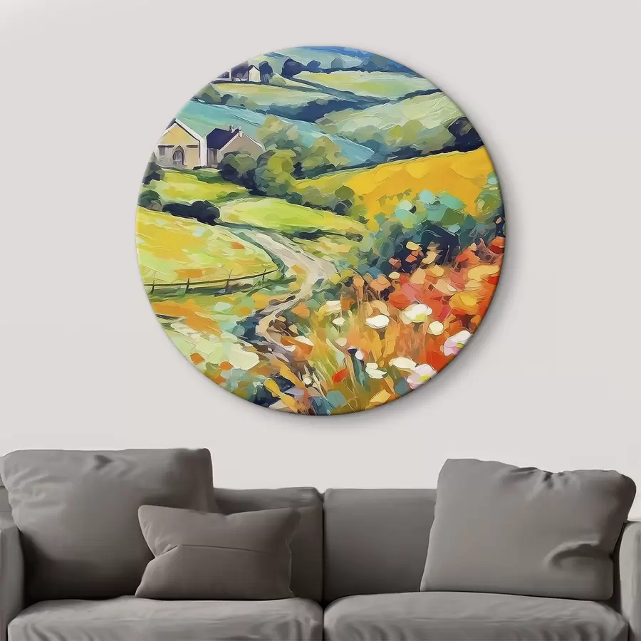 Paveikslėlis Paveikslas, vaizduojantis peizažą su namais ir laukais r38501