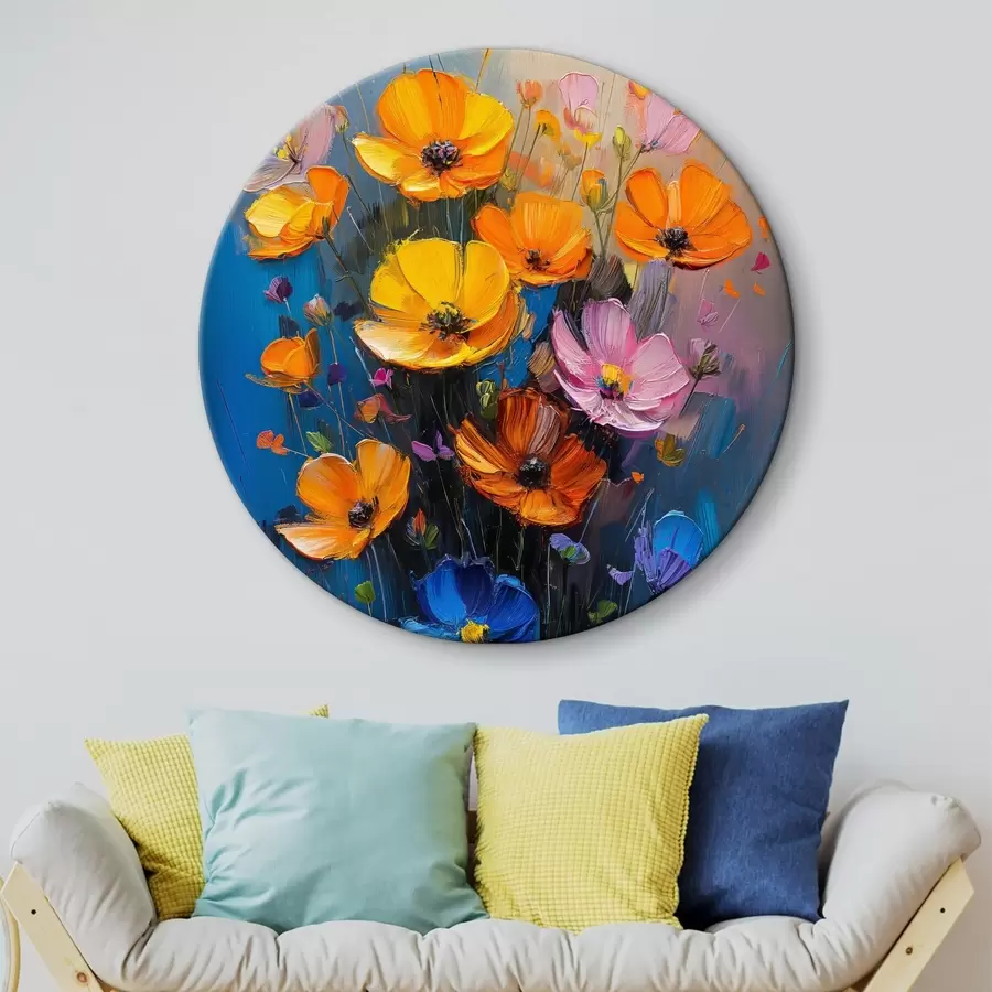 Paveikslėlis Tapybos simfonija: šviesiai geltonos, oranžinės, rožinės ir mėlynos spalvos aguonų potėpiai r39454