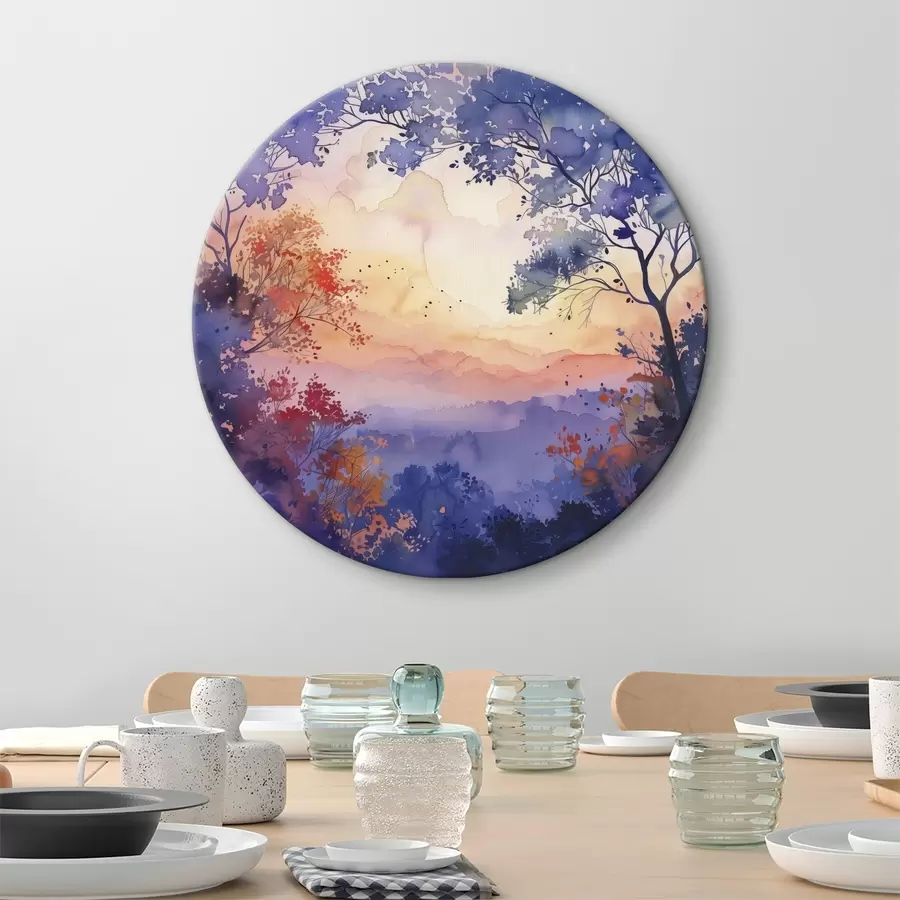 Paveikslėlis Akvarelė miškas, saulėlydis, medžių šakos, violetinė ir oranžinė spalvos r40304