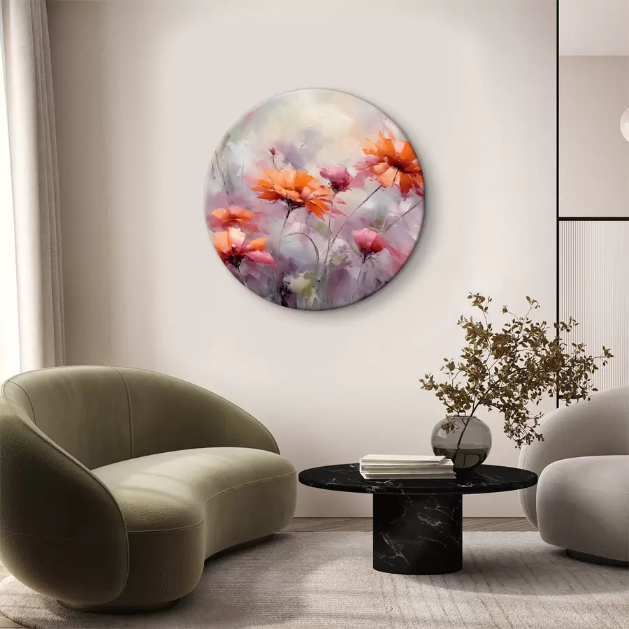 Paveikslėlis Abstrakčios gėlės, teptuko potėpių imitacija, raudona, pilka, violetinė, oranžinė r40528