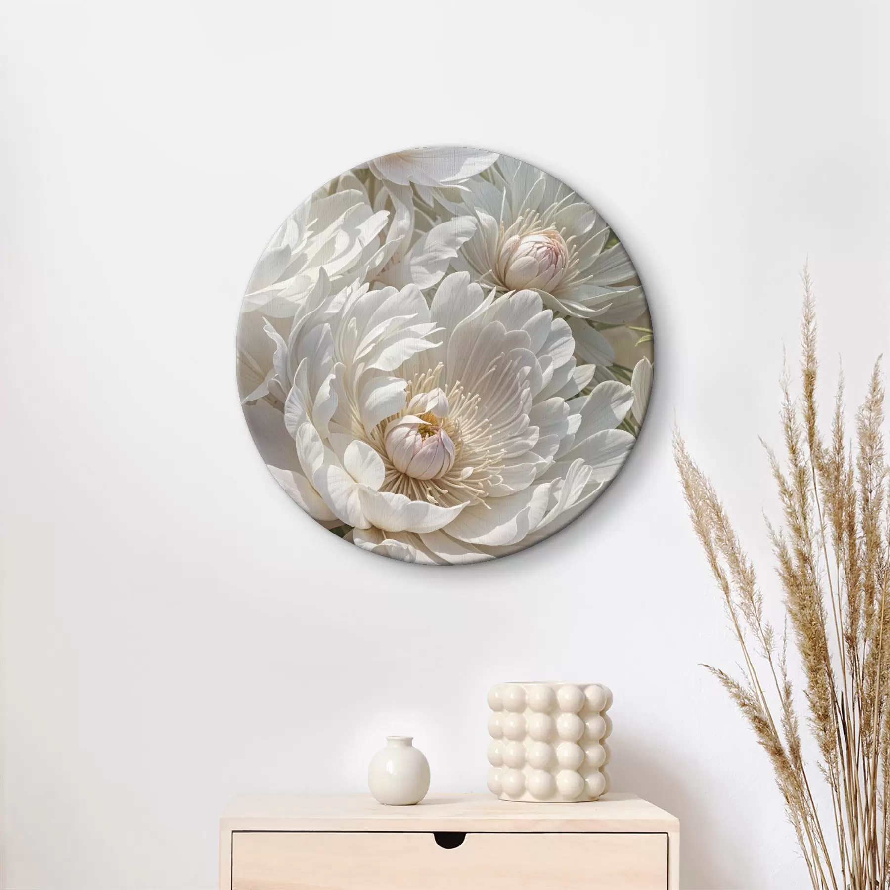 Paveikslėlis Kelių didelių baltų bijūnų žiedų su minkštais, švelniais žiedlapiais ir ryškiai geltonais centrais stambiu planu r40575