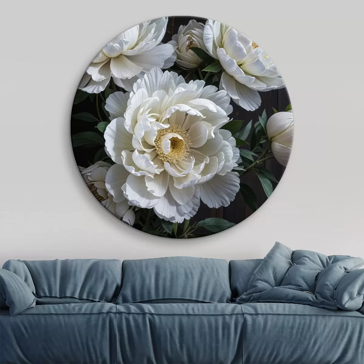 Apvalūs paveikslai Balti bijūnų žiedai su geltonais centrais žydi sode tamsiame fone r40600 Apvalūs paveikslai Balti bijūnų žiedai su geltonais centrais žydi sode tamsiame fone r40600