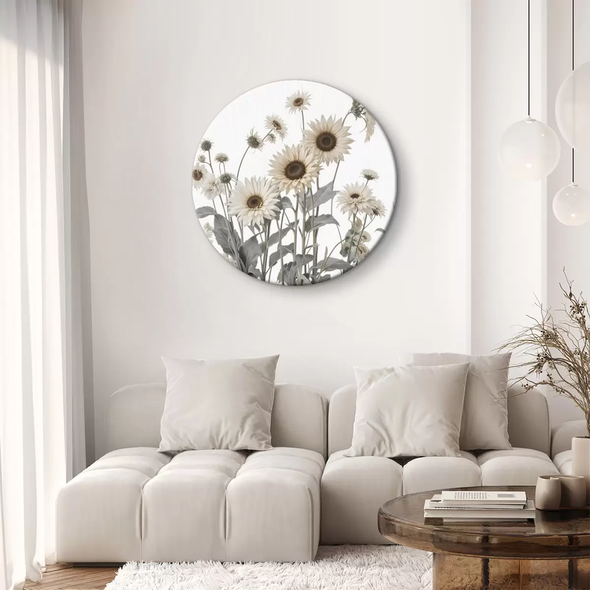 Apvalūs paveikslai Baltų margučių žiedų laukas baltame fone, fone matomos saulėgrąžos r40602