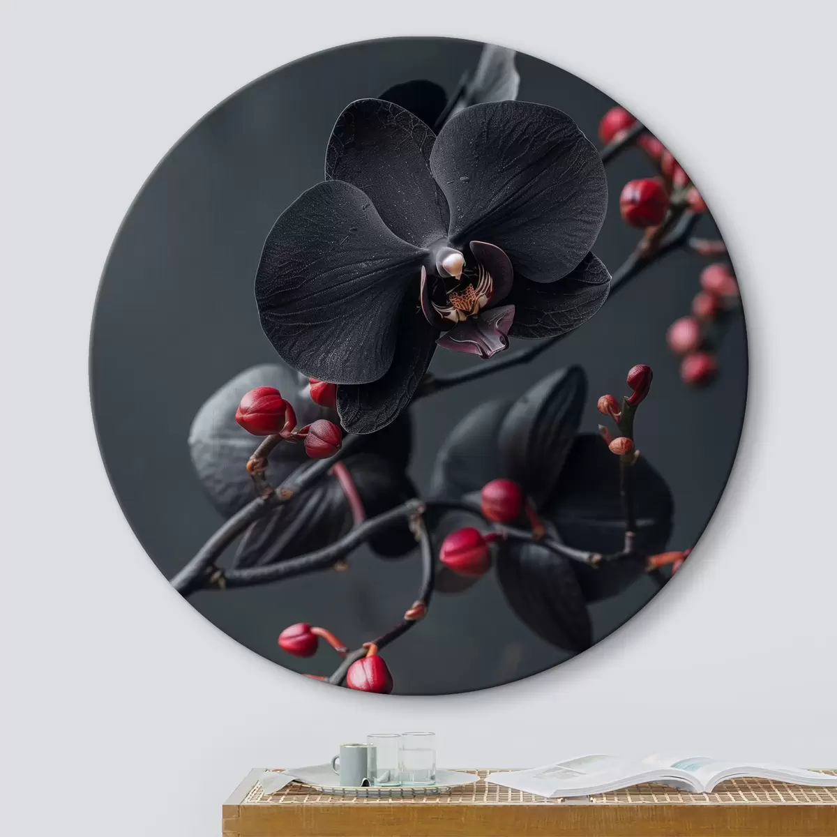 Apvalūs paveikslai Elegantiška gėlių kompozicija su juoda orchidėja r40663