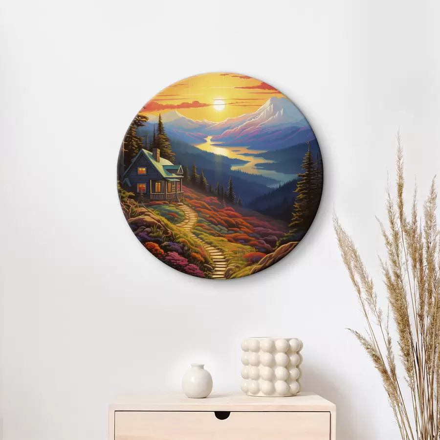 Paveikslėlis Spalvingas kraštovaizdis su kalnais ir mediniu namu, saulėlydžio spalvos r40941