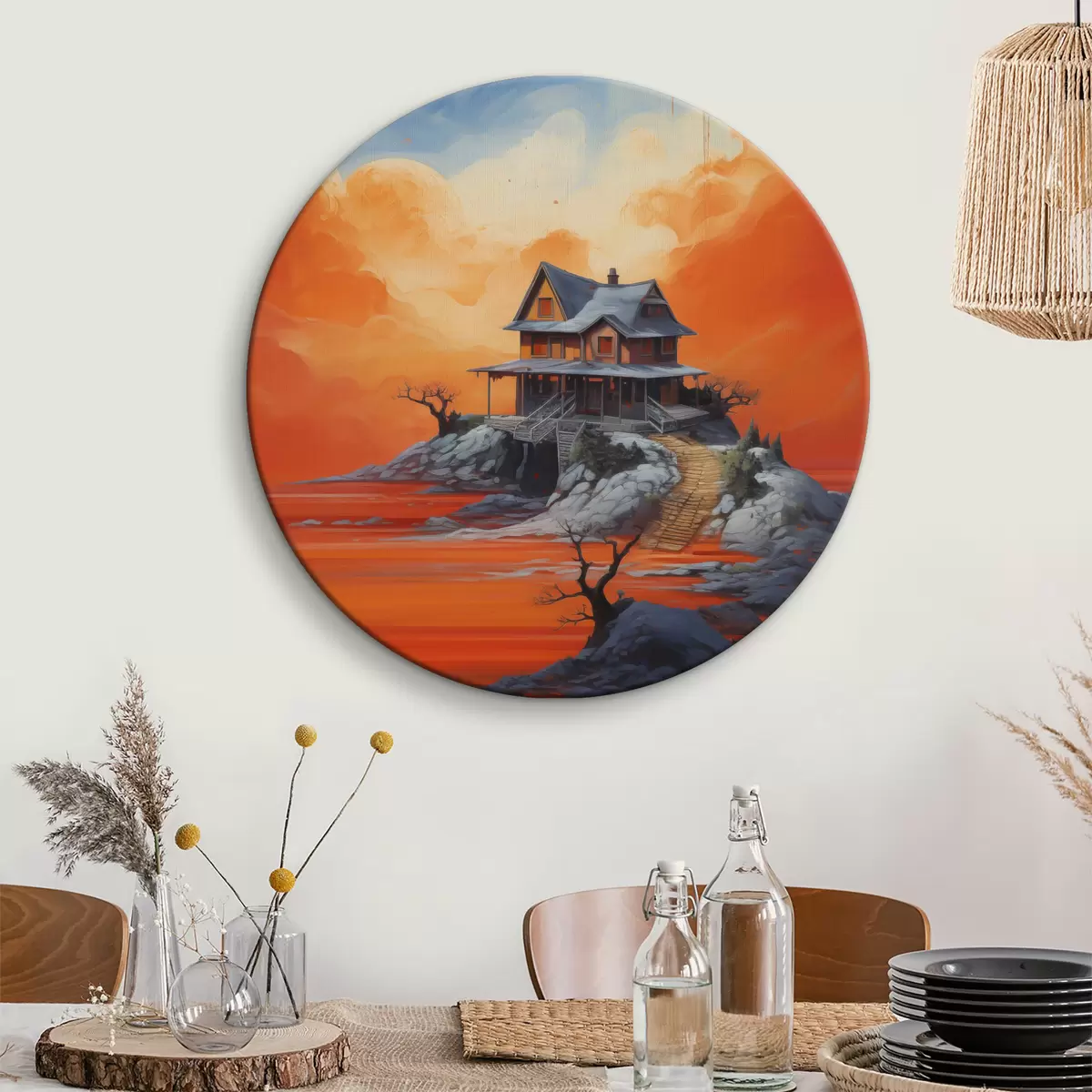 Apvalūs paveikslai Namas po mėnuliu, futuristinis menas, skystas, waercolor r40945